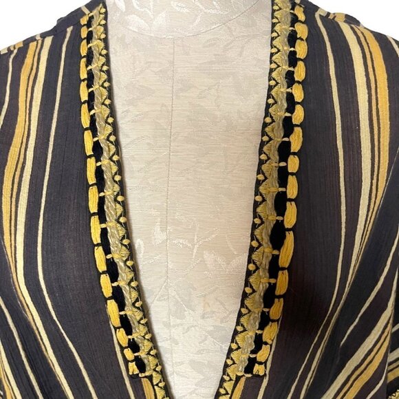 Teoh & Lea Womens Top Size Large Striped Embroidered Belted Gray Yellow Cotton - Picture 3 of 16